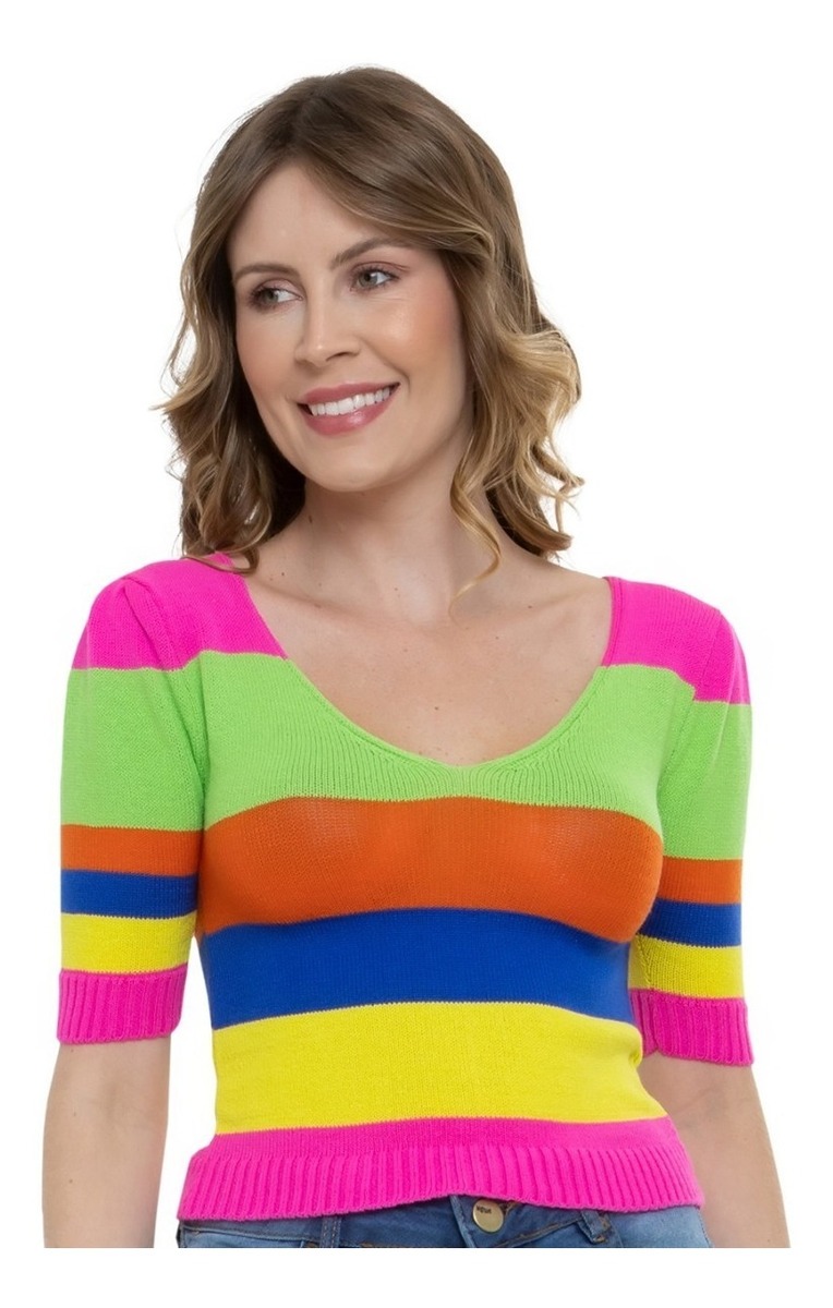 Cropped Tricot Modal Manga Curta Listras — imagem 1