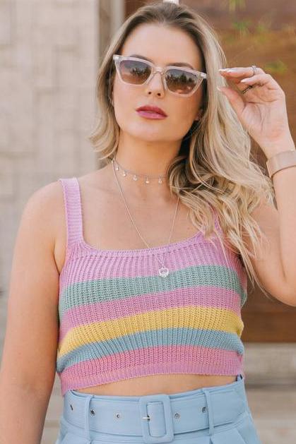 Cropped Tricot Canelado Decote Quadrado Listrado — imagem 3