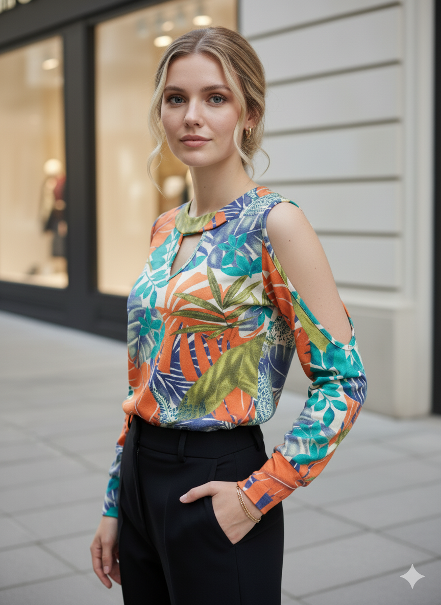 Blusa Viscolycra Manga Longa Vazada Tropical — imagem 2
