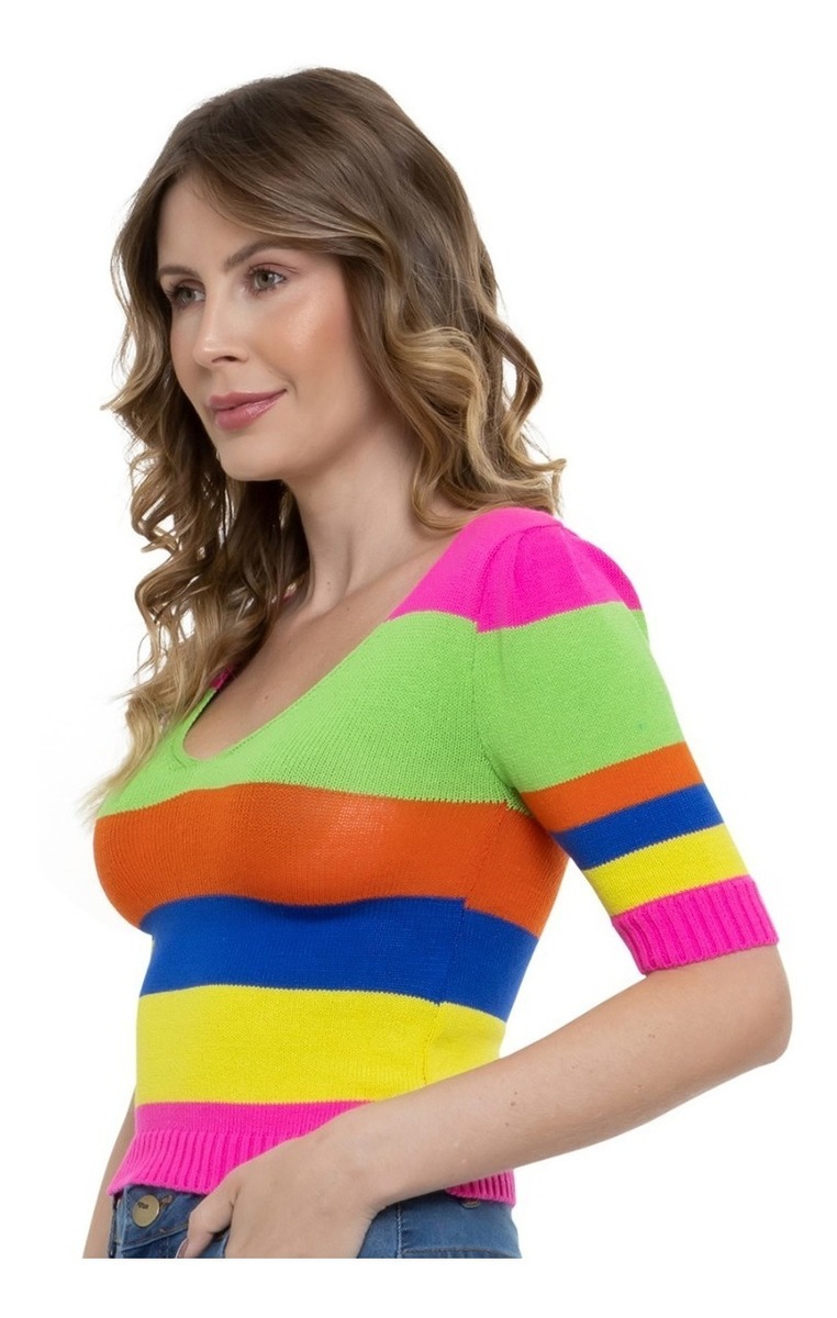 Cropped Tricot Modal Manga Curta Listras — imagem 5