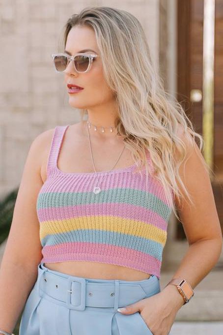 Cropped Tricot Canelado Decote Quadrado Listrado — imagem 2