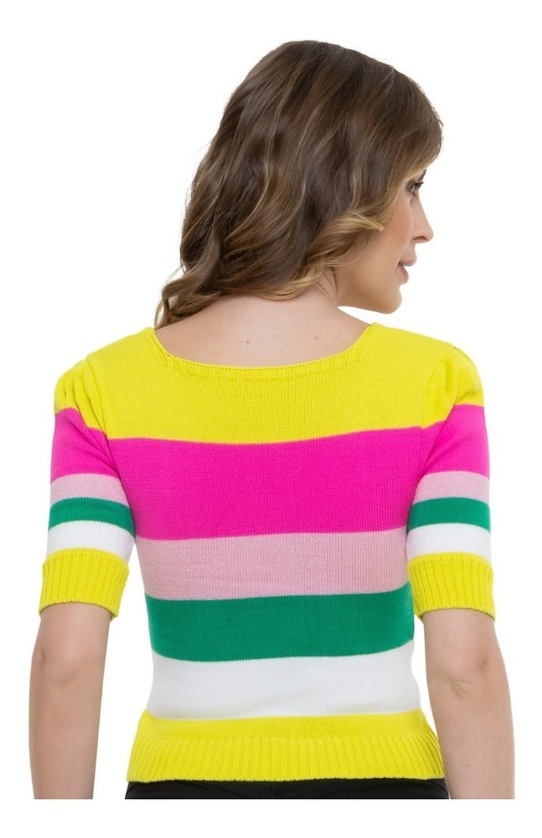 Cropped Tricot Modal Manga Curta Listras — imagem 2