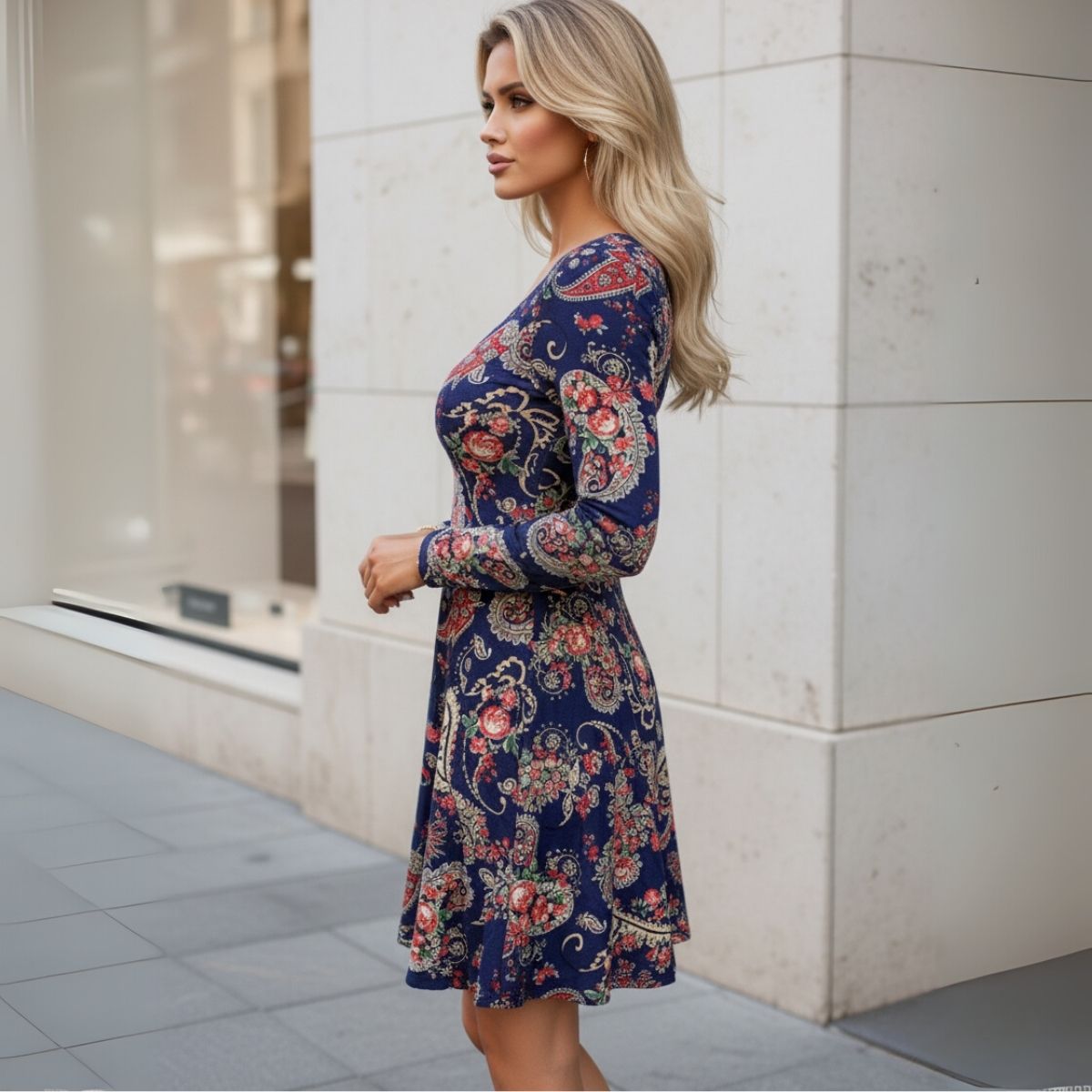Vestido Curto Manga Longa Viscolycra Vazado Paisley — imagem 4