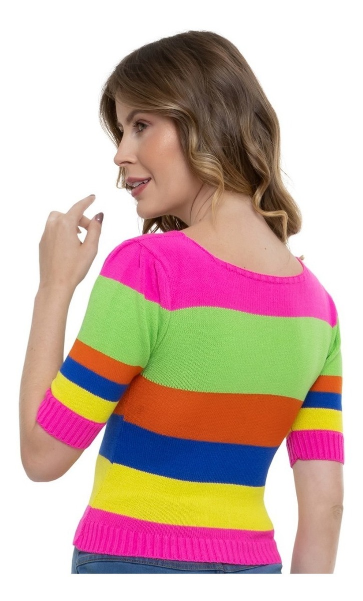 Cropped Tricot Modal Manga Curta Listras — imagem 3
