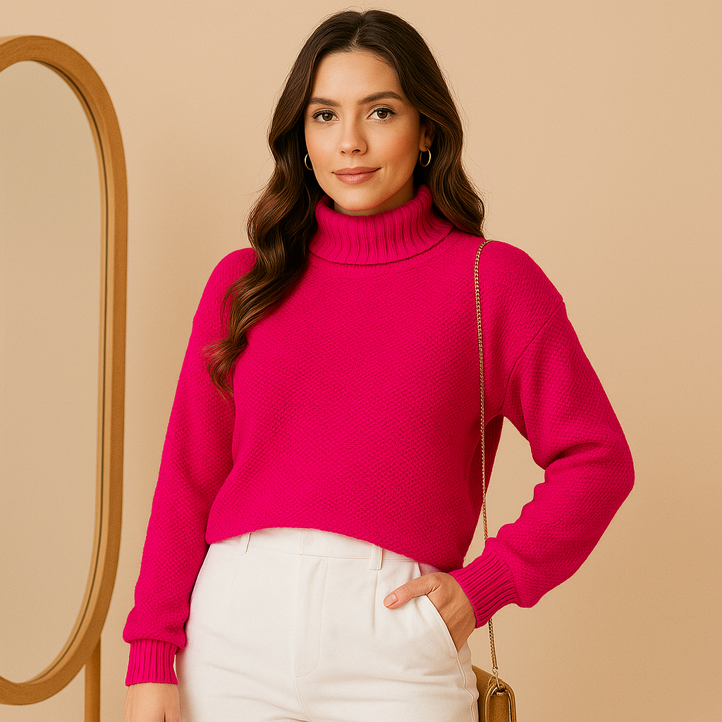 Blusa Tricot Ponto Manga Longa Gola Alta