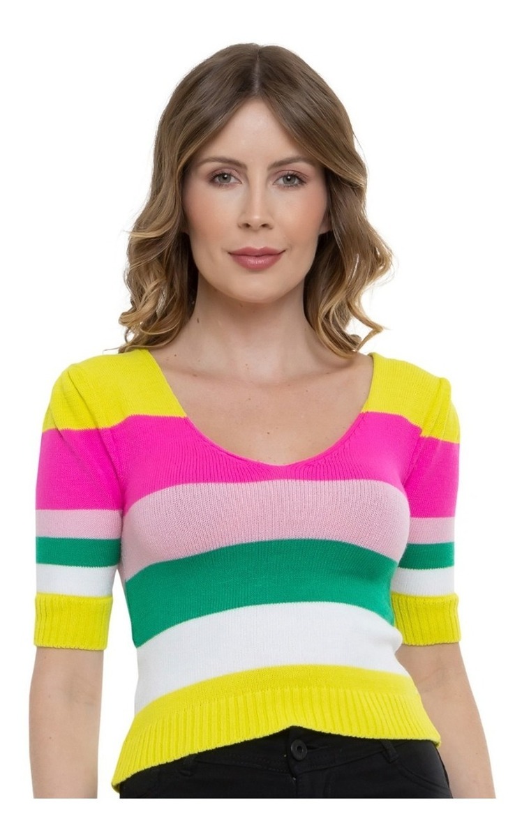 Cropped Tricot Modal Manga Curta Listras