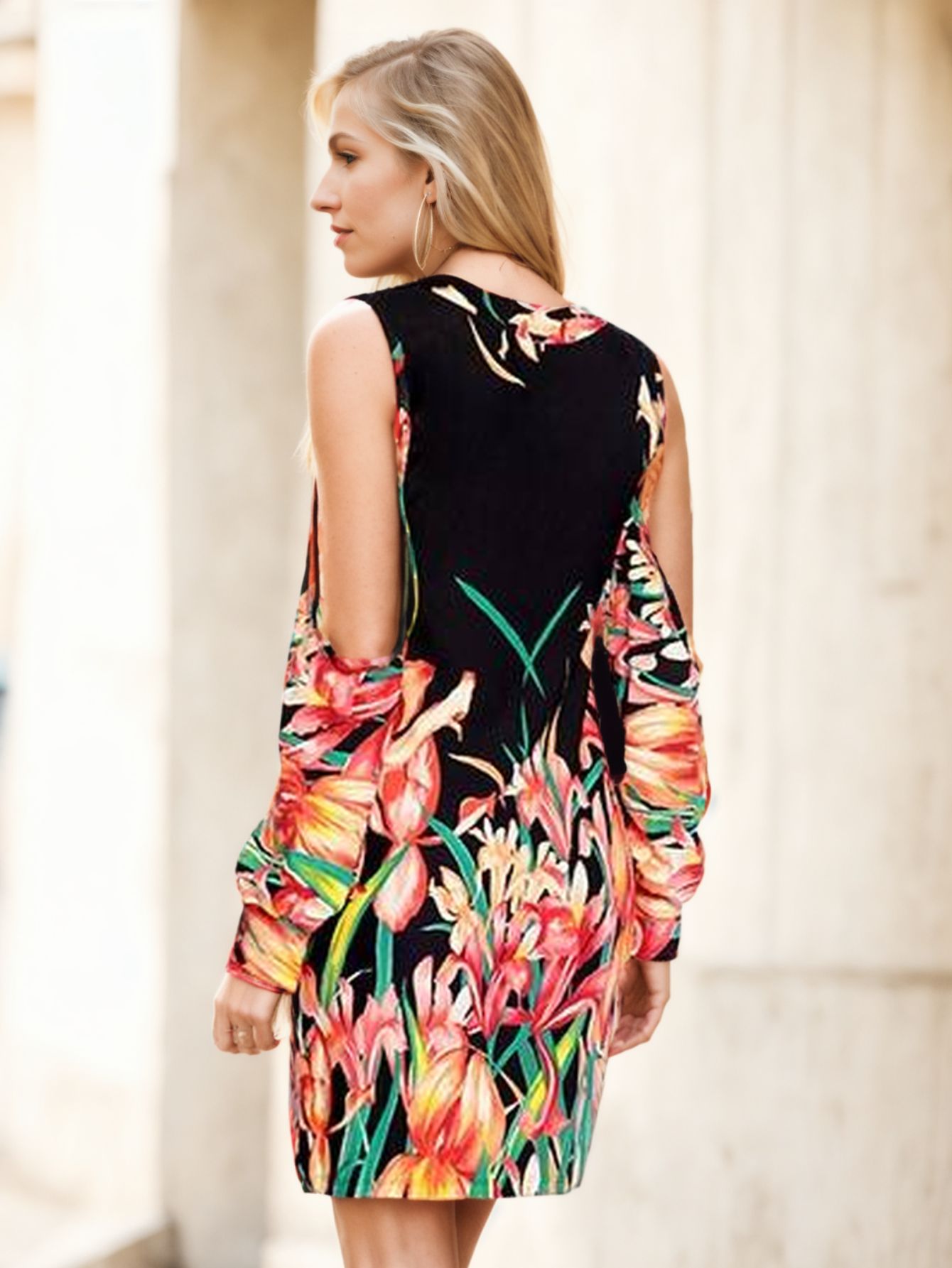 Vestido Curto Viscolycra Manga Longa Ombro Nu Tropical — imagem 1