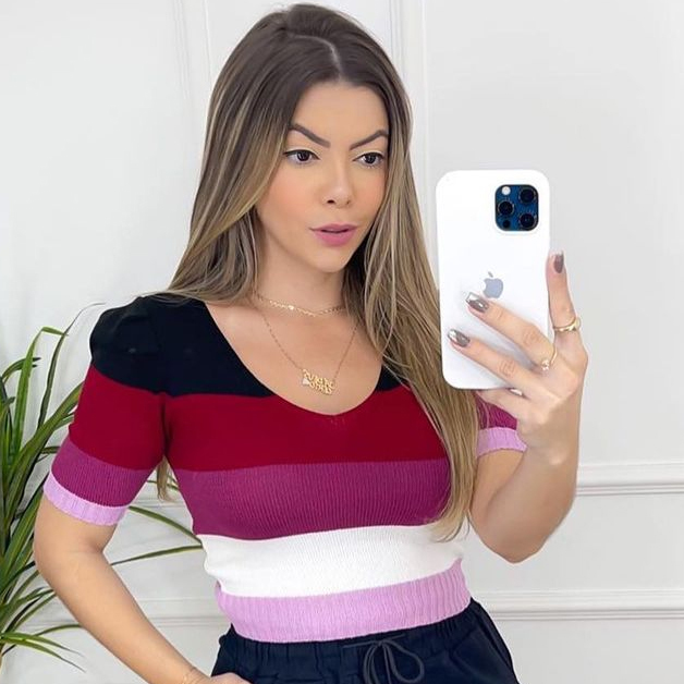 Cropped Tricot Modal Manga Curta Listras — imagem 6