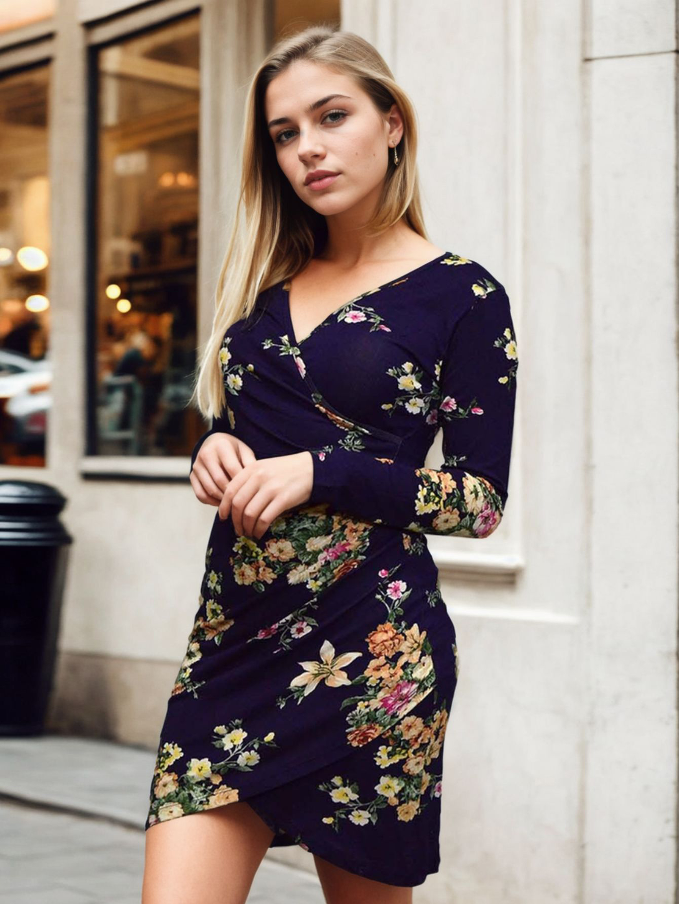 Vestido Curto Viscolycra Manga Longa Transpasse Floral — imagem 4