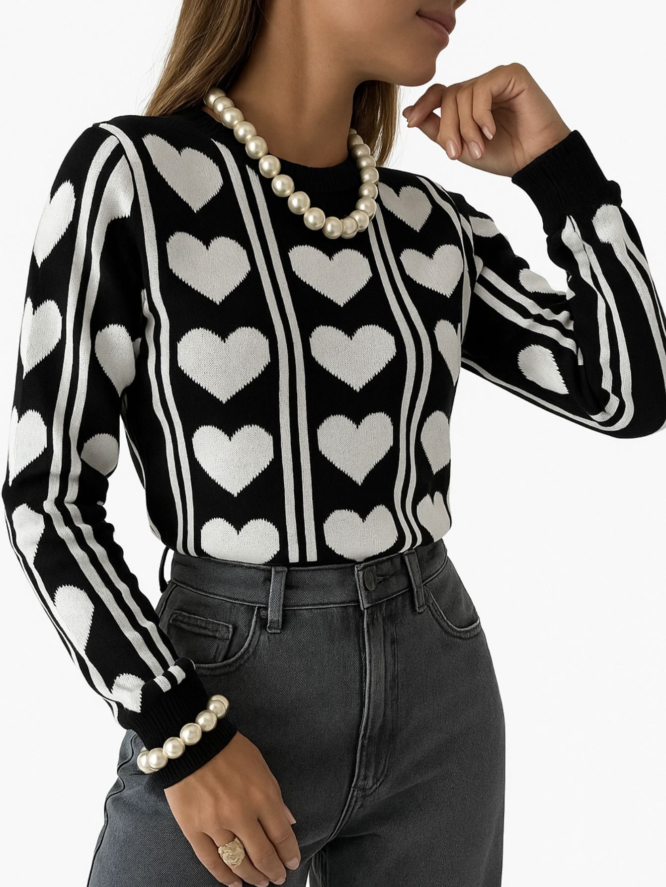 Blusa Tricot Manga Longa Inverno Corações Cor:preto;tamanho:u
