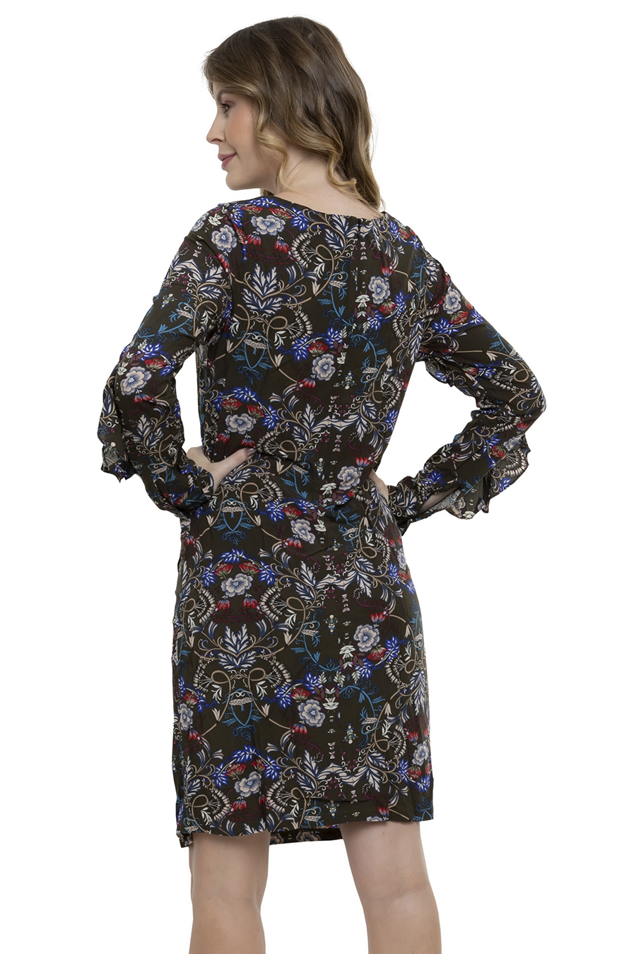 Vestido Curto Estampado Babado Mangas — imagem 2